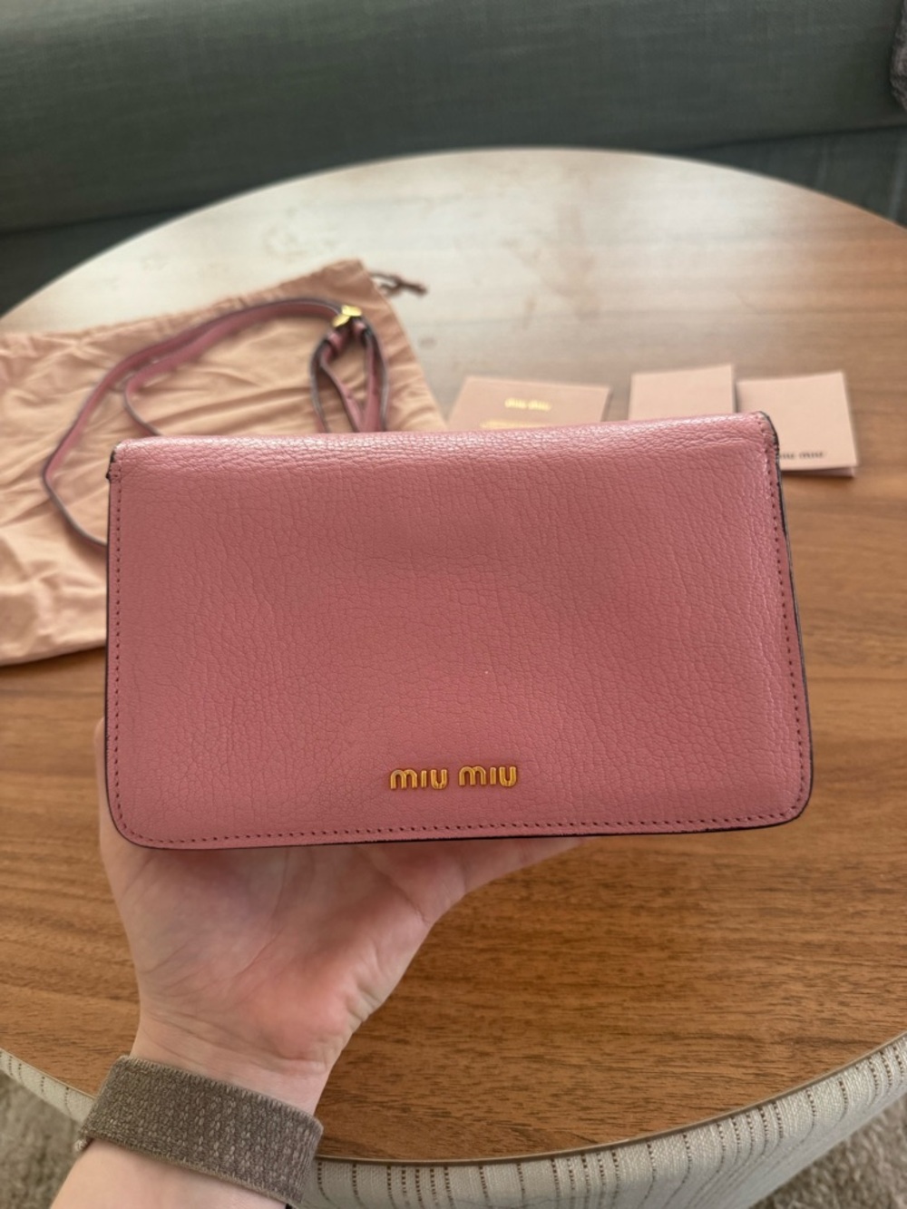 Miu Miu Madras Leather Push Lock Flap Crossbody Bag Pink Gold Hardware Small - Picture 3 of 14
